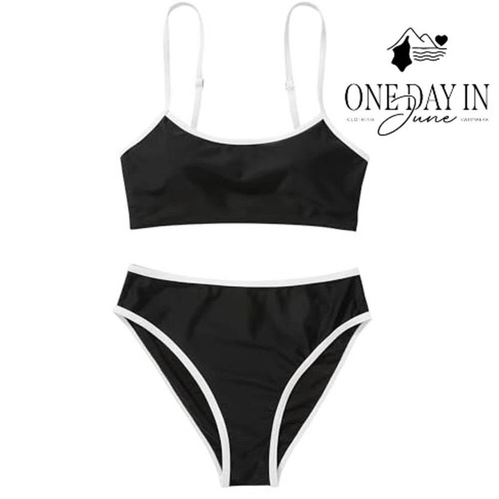 Suuksess Crop Bikini Swimsuit Black White Contrast Trim 2 Piece Size M
